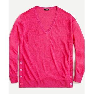 J.Crew Women Sweater Medium Size Hot Pink Linen Blend V Neck Long Sleeves